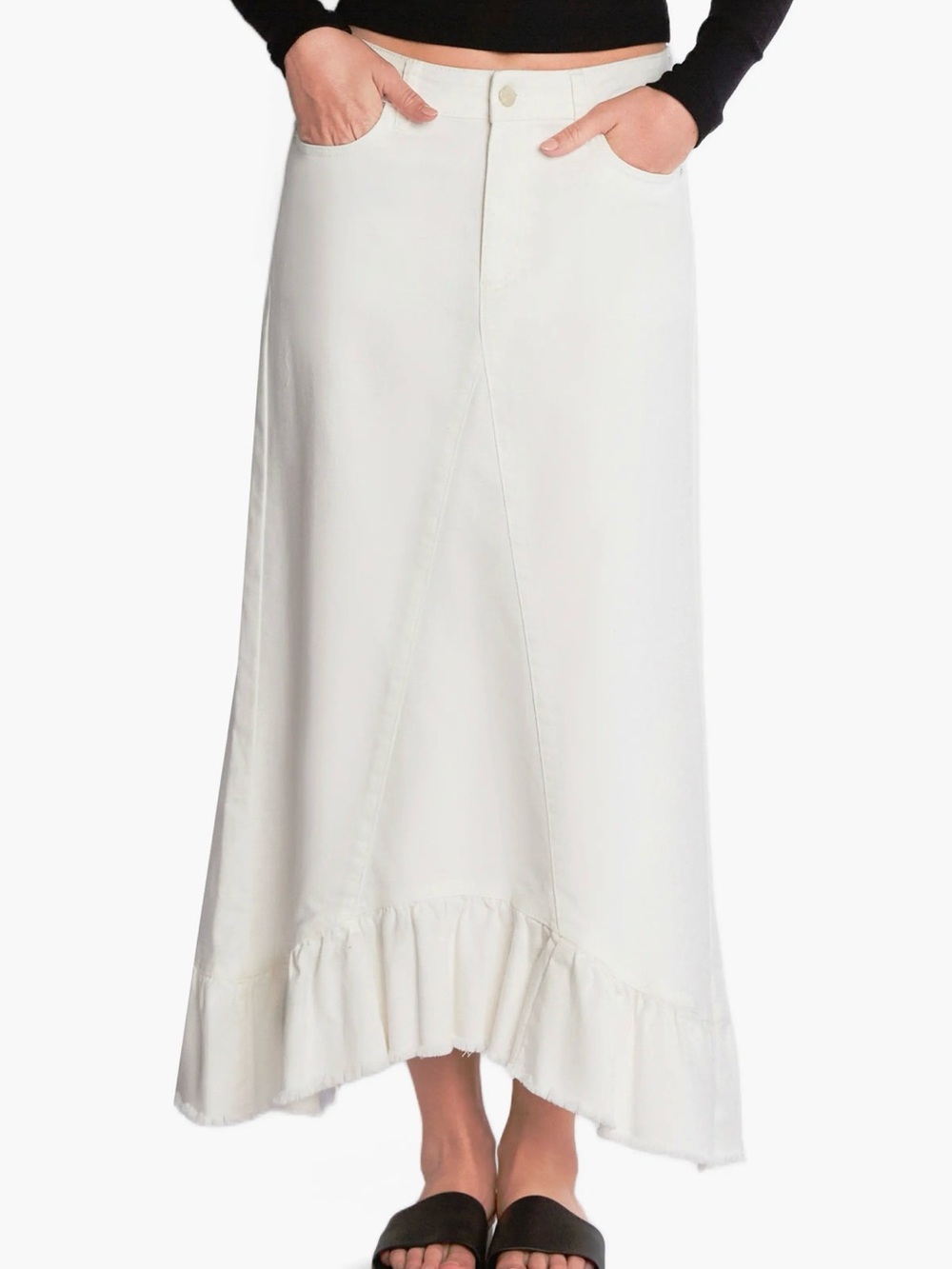 White Maxi Ruffle-Hem Skirt with Front Seam